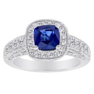 14k White Gold 1.82 CTW Sapphire and Diamond Ring Unique Royal Jewelry Jewelry