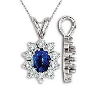 1.10carat Oval Blue Topaz I1 Diamond Flower Cluster Pendant Chain 14K White Gold Jewelry