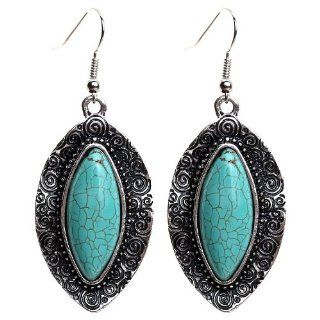 Yazilind Blue Rimous Carved Pattern Leaf Shape Pure Tibetan Silver Navette Turquoise Drop Dangle Earrings for Girl Earrings For Teen Girls Jewelry