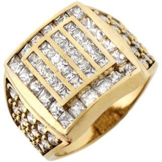 14k Yellow Gold Multiple White CZ Square Designer Mens Ring Jewelry