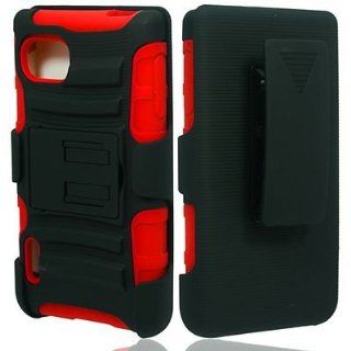 For LG Optimus F3 MS659 Hybrid Rubber Hard Case Red Black Stand and P Holster 