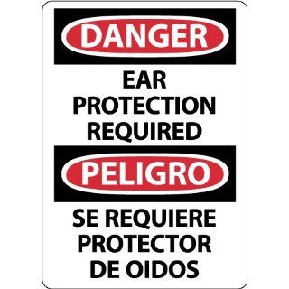 NMC ESD687PB Bilingual OSHA Sign, Legend "DANGER   EAR PROTECTION REQUIRED", 10" Length x 14" Height, Pressure Sensitive Adhesive Vinyl, Black/Red on White Industrial Warning Signs