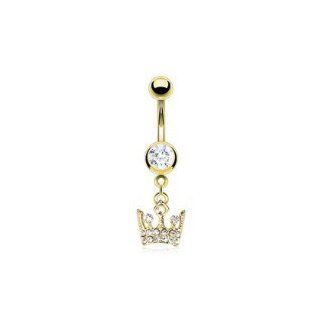 Gold IP Over 316L Surgical Steel Gem Royal Crown Navel Ring Jewelry