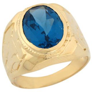 10k Yellow Gold Synthetic Blue Zircon Thick Strong Stylish Mens Ring Jewelry