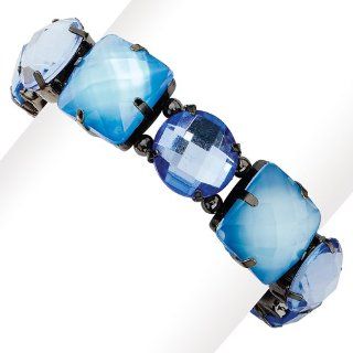 Black plated Faceted Lt & Dk Blue Acrylic Stones Stretch Bracelet Jewelry