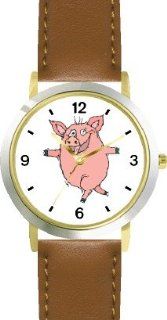 Happy Dancing Pig Cartoon Animal   WATCHBUDDY DELUXE TWO TONE THEME WATCH   Arabic Numbers   Brown Leather Strap Size Large ( Men's Size or Jumbo Women's Size ) WatchBuddy Watches