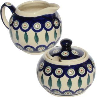Polish Pottery Sugar Bowl and Creamer From Zaklady Ceramiczne Boleslawiec #694/711 56 Peacock Pattern, Sugar Bowl Height 3.7" Creamer Height 3.4" Kitchen & Dining