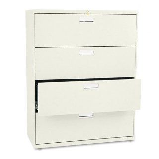 HON Products   HON   Brigade 600 Series Four Drawer Lateral File, 42w x 19 1/4d x 53 1/4h, Putty   Sold As 1 Each   Counterweight included, where applicable, to meet ANSI/BIFMA stability requirements.   Lock secures both sides of drawer.   Heavy duty, thre