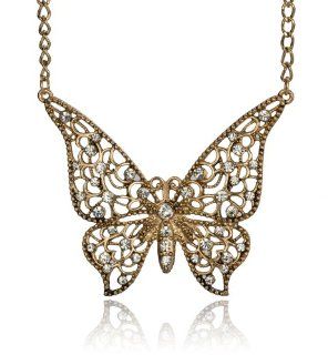 Gold Butterfly Pendant Necklace with Filigree Crystal Design and Matching Earrings by Jewelry Nexus in a fancy gift box Jewelry