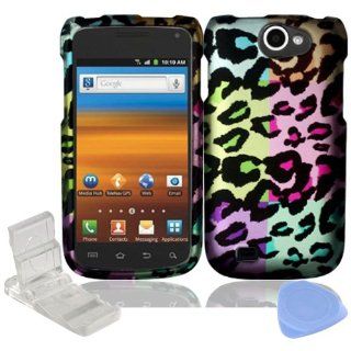 Purple Green Gold Blue Pink Mix Color Leopard Design Rubberized Snap on Hard Plastic Cover Faceplate Case for Samsung Exhibit 2 II 4G T679 + Screen Protector Film + Mini Adjustable Phone Stand Cell Phones & Accessories