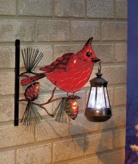 Fused Glass Red Cardinal Bird with Solar Lantern 10" X 9 1/4" X 3"  Yard Art  Patio, Lawn & Garden