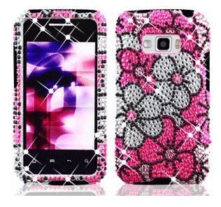 LG Optimus Elite LS696 LS 696 Cell Phone Full Crystals Diamonds Bling Protective Case Cover Silver and Pink Floral Flowers Design Cell Phones & Accessories