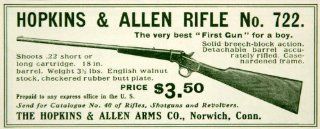 1903 Ad Hopkins Allen Rifle Number 722 Arms Company Norwhich Gun Weapon Hunting   Original Print Ad  