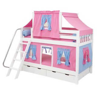 Mid Bunk Bed with Angle Ladder, Top Tent, Curtain and Trundle