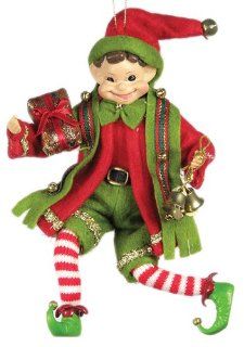 8" Whimsical Christmas Holiday Elf with Gift and Bells   Red/Green E00834   Collectible Figurines