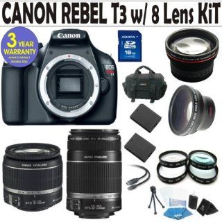 Canon Rebel T3 (EOS 110D) 8 Lens Deluxe Kit with EF S 18 55mm f/3.5 5.6 IS II Zoom Lens & EF S 55 250mm f/4 5.6 IS Lens + 16GB Deluxe Accessory Kit + 3 Year Celltime Warranty  Digital Slr Camera Bundles  Camera & Photo