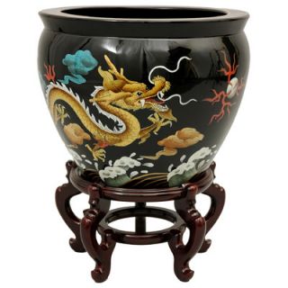 Oriental Furniture 16 Dragons Fish Bowl with Stand in Black Lacquer