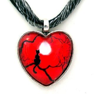 Black Cat in Red Valentine Heart Pendant Handmade Jewelry Pendant Necklaces Jewelry
