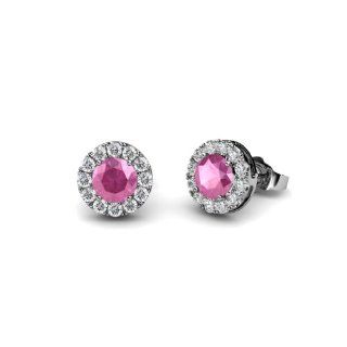 Pink Sapphire and Diamond (SI2 I1, G H) Halo Stud Earrings 0.97ct tw in 925 Sterling Silver. Jewelry