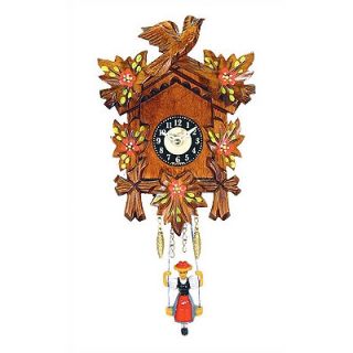 Black Forest Battery Operated Clock with Red Flowers and Swinging Girl