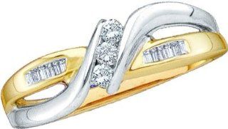 0.15 Carat (ctw) 14K Yellow Gold Round & Bagguette Cut White Diamond Ladies 3 Stone Bypass Engagement Ring Jewelry