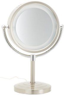Jerdon HL745NC 8.5 Inch Tabletop Two Sided Swivel Halo Lighted Vanity Mirror with 5x Magnification, 15.5 Inch Height, Matte Nickel and Chrome Finish  Personal Makeup Mirrors  Beauty