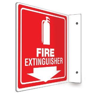 Accuform Signs PSP729 Projection Sign 90D, Legend "FIRE EXTINGUISHER (ARROW)" with Graphic, 8" x 8" Panel, 0.10" Thick High Impact Plastic, Pre Drilled Mounting Holes, White on Red