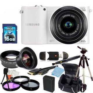 Samsung NX1000 Mirrorless Wi Fi Digital Camera with 20 50mm Lens (White) Kit. Includes 0.45X Wide Angle Lens, 2X Telephoto Lens, 3 Piece Filter Kit (UV CPL FLD), 16GB Memory Card, Card Reader, Extedned Life Replacement Battery, Tripod, Case & More  Po