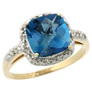 10k Yellow Gold Diamond London Blue Topaz Ring 2.08 ct Cushion cut 8 mm Stone 1/2 inch wide, sizes 5 10 Jewelry