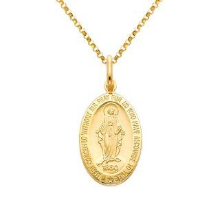 14K Yellow Gold Large Religious Miraculous Mary Medal Charm Pendant with Yellow Gold 1.2mm Classic Rolo Cable Chain Necklace with Lobster Claw Clasp   Pendant Necklace Combination (Different Chain Lengths Available) Jewelry