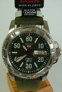 Seiko 5 Sports Automatic 24 Jewels, Military Style, Orange Highlights, Green Canvas Strap, Gents Watch (Made In Japan)   SRP215J2 Watches