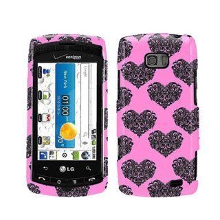 Hard Plastic Snap on Cover Fits LG VS740 Ally Elegance Heart Black with Pink Rubberized Verizon Cell Phones & Accessories