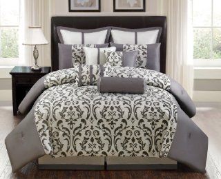 10 Piece Queen Via Bella Gray and Ivory Comforter Set   Bedding Sets Queen