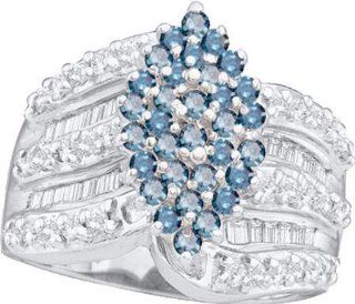 1.00 Carat (ctw) 10k White Gold Round & Baguette Cut Blue & White Diamond Ladies Right Hand Cluster Ring Jewelry