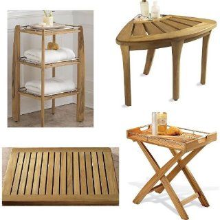 New Grade A Teak 4 Pc Accessory Set Corner Stool, Butler Tray, Shower Shelf and Floor Mat  Outdoor And Patio Furniture Sets  Patio, Lawn & Garden