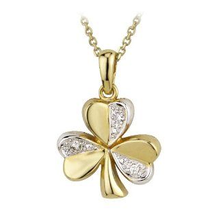 Shamrock Necklace 14k Two Tone Gold and Diamond   Irish Made Pendant Necklaces Jewelry