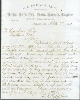 F E Parks Pittsfield ME Hoops Bark Hay ++ letter 1881 Entertainment Collectibles