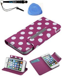 IMAGITOUCH(TM) 3 Item Combo APPLE iPhone 5 5S White Polka Dots Hot Pink Frosted Book Style MyJacket Wallet (with card slot) (758) (Stylus pen, Pry Tool, Phone Cover) Cell Phones & Accessories