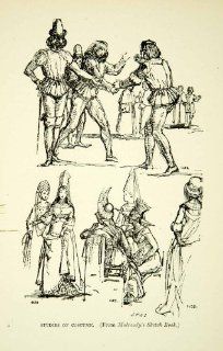 1890 Print Study Costume Fashion Figures Actors William Mulready Theater Sketch   Relief Line block Print  