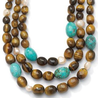 Oval Shaped Genuine Turquoise and Tiger's Eye Sterling Silver Bib Necklace Adjustable 17" to 20" Jewelry
