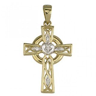 14k Yellow Gold and Diamond Celtic Cross Necklace Irish Made Jewelry