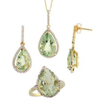 10k Gold Teardrop Dangle Earrings (26mm tall), Ring (17mm wide) & 18 in. Necklace SET, w/ Brilliant Cut Diamonds & Pear Cut Green Amethyst Stones; Ring Size 8.5 Jewelry