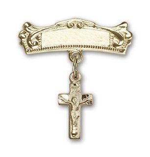 JewelsObsession's 14K Gold Baby Badge with Crucifix Charm and Arched Polished Badge Pin Brooches And Pins Jewelry