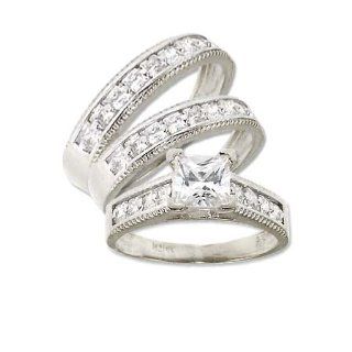 14k White Gold, Trio Three Piece Wedding Ring Set with Lab Created Gems Wedding Bands Sets For Him And Her Jewelry