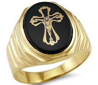 Solid 14k Yellow Gold Mens Onyx Cross Crucifix Ring Jewelry