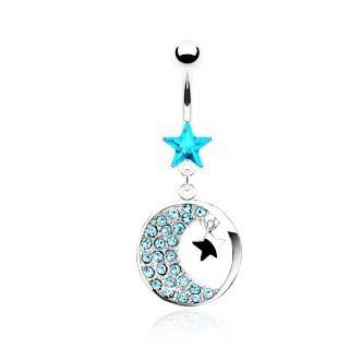 Blue Moon Navel Ring Moon and Star Round Dangle Belly Ring (14GA) Body Piercing Rings Jewelry