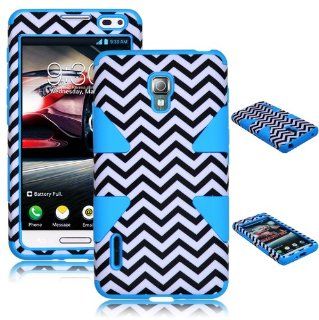 Bastex Heavy Duty Hybrid Case for LG Optimus F7 US780 Baby Blue Silicone / White & Black Chevron Hard Shell Cell Phones & Accessories