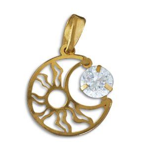 14K Yellow Gold White CZ Diamond Sun Moon Cut Out Charm Pendant Jewelry