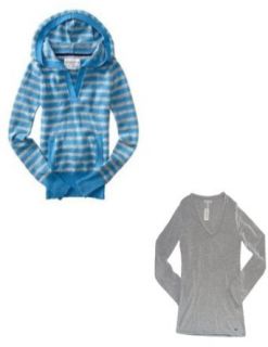 Aeropostale Blue/Grey Striped Pullover Sweater Hoodie and Coordinating Light Heather Grey Long Sleeve Solid V Neck T Shirt   Juniors' Size (Large) Sweater Sets