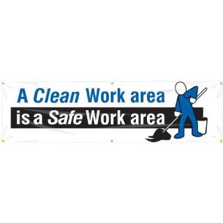 Accuform Signs MBR803 Reinforced Vinyl Motivational Safety Banner "A Clean Work area Is A Safe Work area" with Metal Grommets, 28" Width x 8' Length, Black/Blue on White Industrial Warning Signs